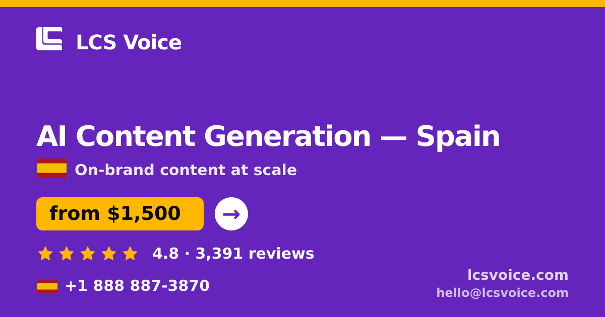 AI Content Generation in Spain — from $1,500/mo, rated 4.8/5 by 3391 clients. LCS Voice.