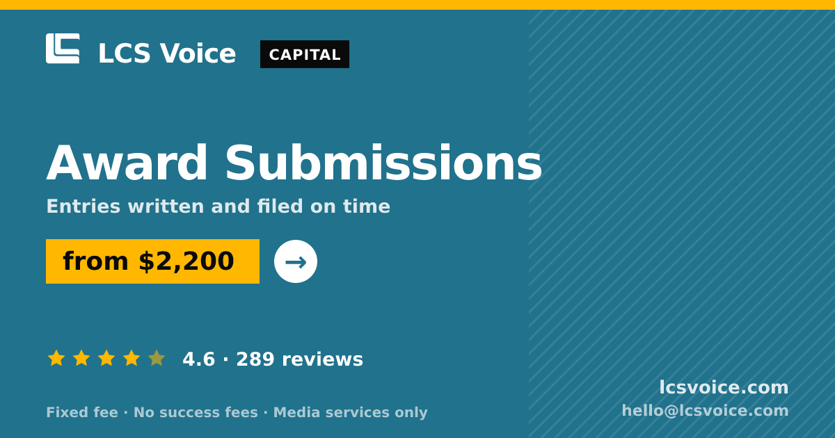Award Submissions — from $2,200, rated 4.6/5 across 289 reviews. LCS Voice.