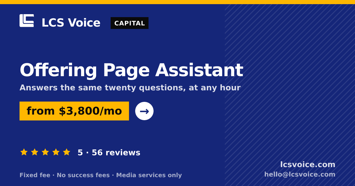 Offering Page Assistant — from $3,800/mo, rated 5/5 across 56 reviews. LCS Voice.