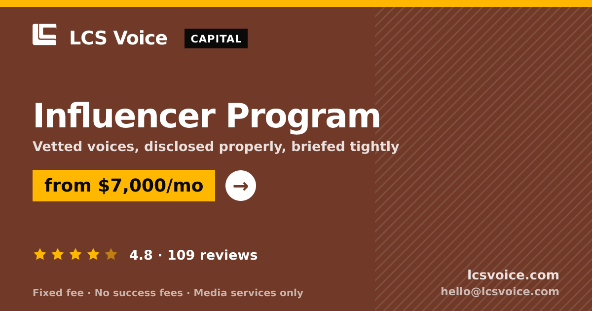 Influencer Program — from $7,000/mo, rated 4.8/5 across 109 reviews. LCS Voice.