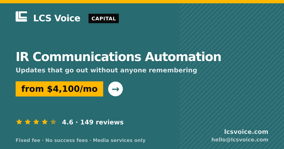 IR Communications Automation — from $4,100/mo, rated 4.6/5 across 149 reviews. LCS Voice.
