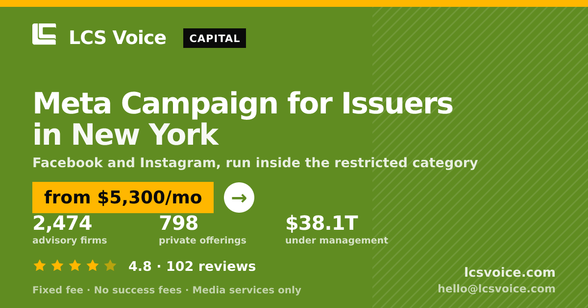 Meta Campaign for Issuers in New York — from $5,300/mo, rated 4.8/5 across 102 reviews. LCS Voice.