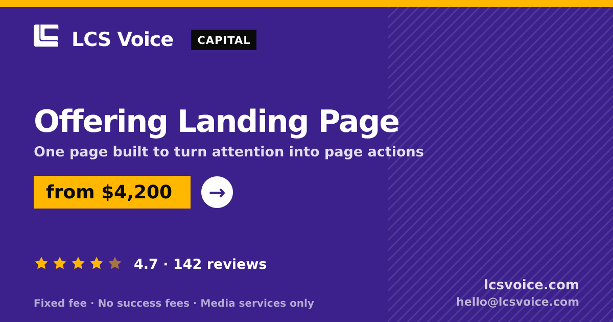 Offering Landing Page — from $4,200, rated 4.7/5 across 142 reviews. LCS Voice.