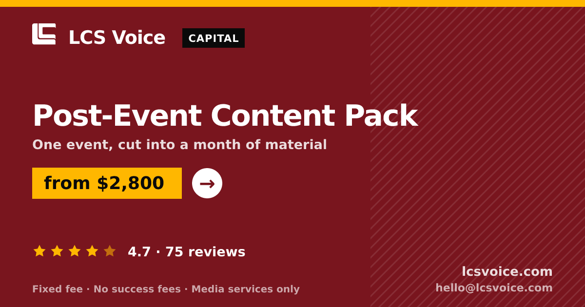 Post-Event Content Pack — from $2,800, rated 4.7/5 across 75 reviews. LCS Voice.
