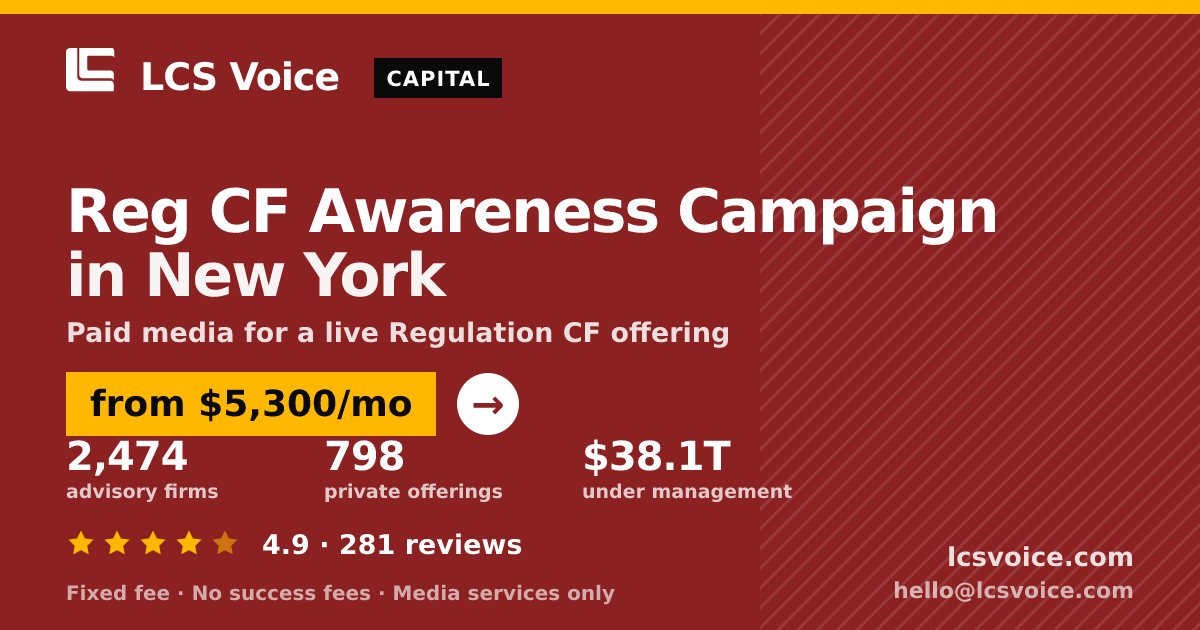 Reg CF Awareness Campaign in New York — from $5,300/mo, rated 4.9/5 across 281 reviews. LCS Voice.