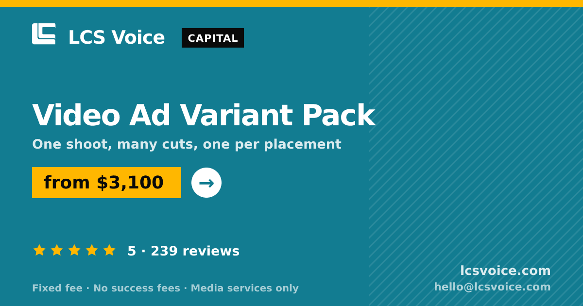 Video Ad Variant Pack — from $3,100, rated 5/5 across 239 reviews. LCS Voice.