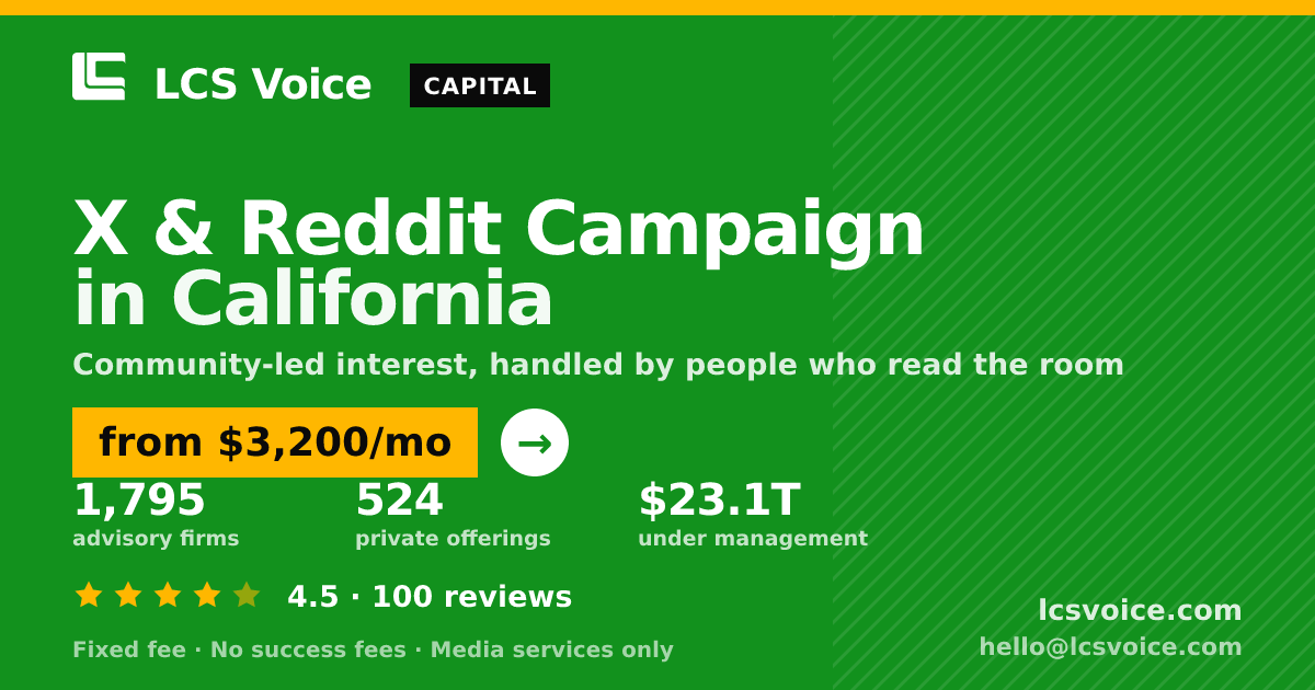 X & Reddit Campaign in California — from $3,200/mo, rated 4.5/5 across 100 reviews. LCS Voice.