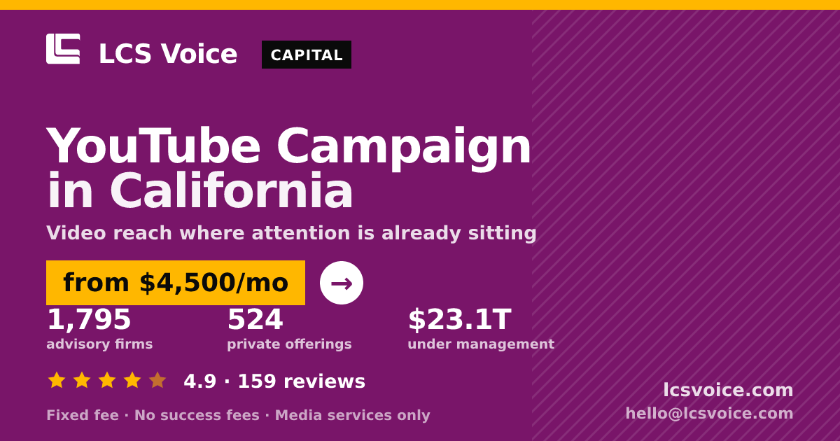 YouTube Campaign in California — from $4,500/mo, rated 4.9/5 across 159 reviews. LCS Voice.