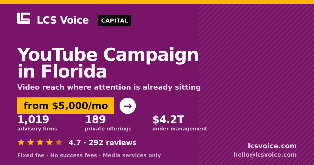 YouTube Campaign in Florida — from $5,000/mo, rated 4.7/5 across 292 reviews. LCS Voice.