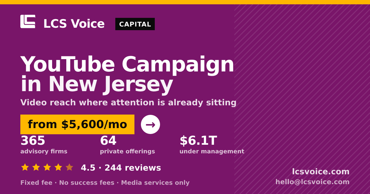 YouTube Campaign in New Jersey — from $5,600/mo, rated 4.5/5 across 244 reviews. LCS Voice.