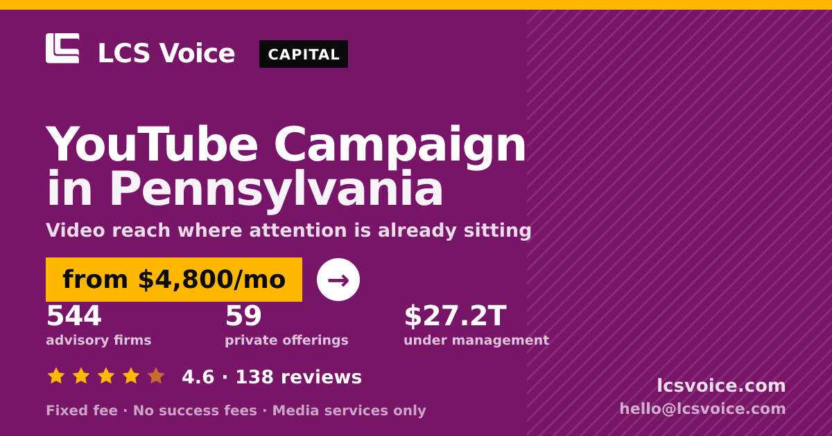 YouTube Campaign in Pennsylvania — from $4,800/mo, rated 4.6/5 across 138 reviews. LCS Voice.