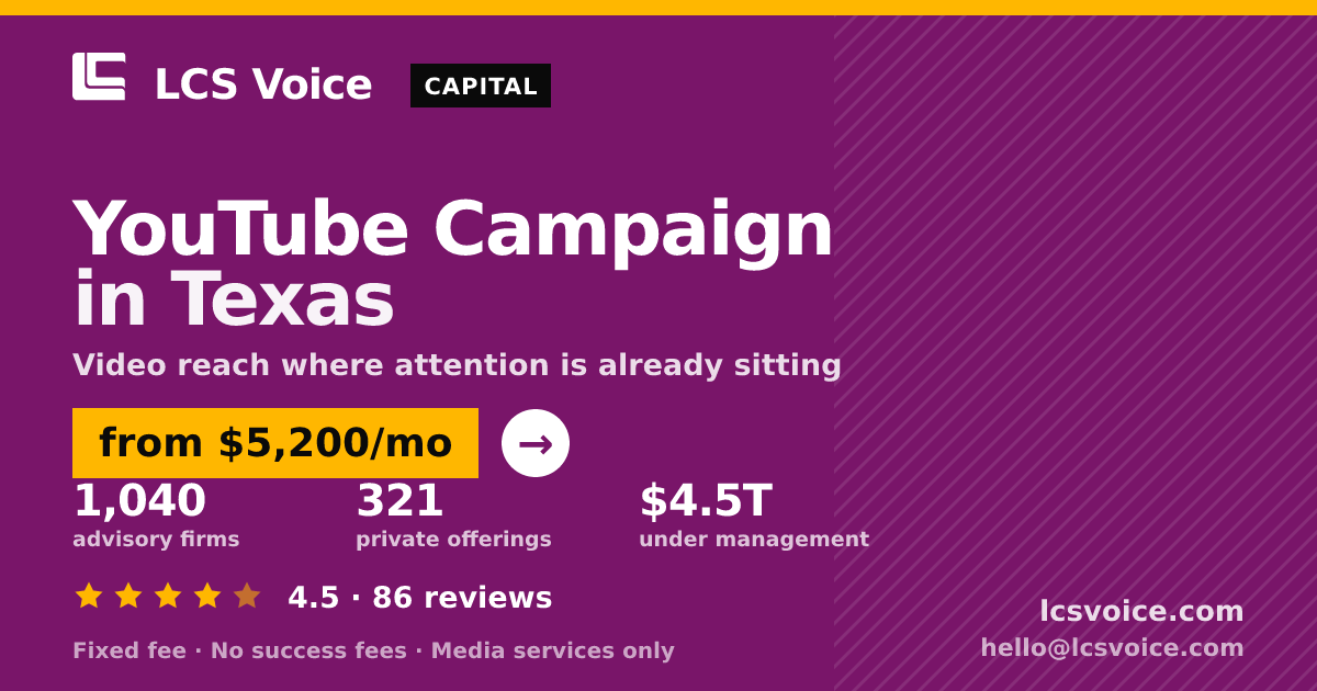 YouTube Campaign in Texas — from $5,200/mo, rated 4.5/5 across 86 reviews. LCS Voice.