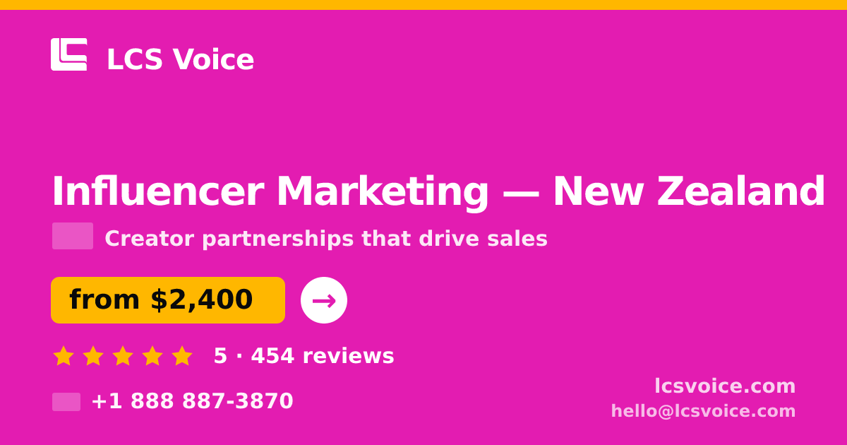 Influencer Marketing in New Zealand — from $2,400/mo, rated 5/5 by 454 clients. LCS Voice.