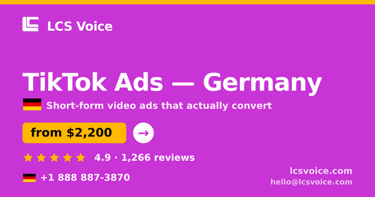 TikTok Ads in Cologne — from $3,100/mo, rated 4.6/5 by 1621 clients. LCS Voice.